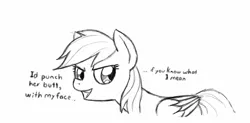 Size: 786x388 | Tagged: artist:trickydick, derpibooru import, dialogue, if you know what i mean, lewd, monochrome, rainbow dash, solo, suggestive, traditional art