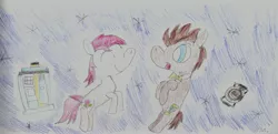 Size: 3509x1699 | Tagged: safe, artist:ptitemouette, derpibooru import, doctor whooves, roseluck, time turner, pony, bowtie, doctor who, doctorrose, flying, male, portal, shipping, space, stallion, straight, tardis, traditional art