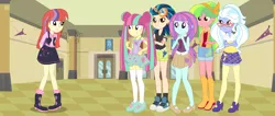 Size: 7052x2980 | Tagged: safe, artist:limedazzle, artist:luckyclau, artist:themexicanpunisher, artist:theshadowstone, derpibooru import, indigo zap, lemon zest, moondancer, sour sweet, sugarcoat, sunny flare, equestria girls, absurd resolution, alternate universe, boots, canterlot high, clothes, crossed arms, equestria girls-ified, freckles, glasses, goggles, good, high heel boots, high heels, lip bite, mary janes, pigtails, pleated skirt, shadow five, shoes, shorts, skirt, smiling, sneakers, socks, suspenders, thigh highs, twintails, zettai ryouiki