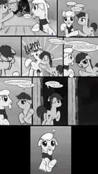 Size: 2500x4403 | Tagged: safe, artist:nimaru, derpibooru import, oc, oc:iron strike, oc:landslide, oc:luau, unofficial characters only, earth pony, pony, comic:like a landslide, absurd resolution, comic, crying, female, floppy ears, grayscale, male, mare, monochrome, running, stallion