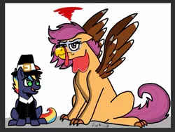 Size: 1858x1397 | Tagged: safe, artist:pimpartist101, derpibooru import, scootaloo, oc, oc:prism bolt, pegasus, pony, turkey, kilalaverse, animal costume, annoyed, claws, clothes, colt, costume, cute, cutealoo, female, floppy ears, frown, glare, grumpy, hat, implied rumbloo, lidded eyes, looking at you, looking up, male, mare, next generation, offspring, older, older scootaloo, open mouth, parent:rainbow dash, parent:soarin', parents:soarindash, pilgrim hat, pilgrim outfit, scootachicken, scootaturkey, smiling, thanksgiving, unamused