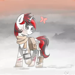 Size: 1000x1000 | Tagged: safe, artist:cerebralvapor, derpibooru import, oc, oc:blackjack, unofficial characters only, butterfly, pony, unicorn, fallout equestria, fallout equestria: project horizons, bandage, cut, knife, pipbuck