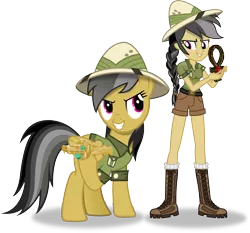 Size: 4533x4224 | Tagged: safe, artist:vector-brony, derpibooru import, daring do, equestria girls, absurd resolution, braid, clothes, duo, duo female, equestria girls-ified, explorer outfit, female, hat, human ponidox, looking at each other, self ponidox, shirt, shorts, simple background, smiling, transparent background, vector