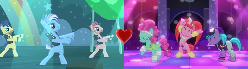 Size: 2560x720 | Tagged: safe, derpibooru import, edit, edited screencap, screencap, azure velour, disco fever, flashdancer, limelight, pacific glow, turbo bass, earth pony, pony, the mane attraction, the saddle row review, backup dancers, clothes, club pony party palace, female, heart, limeglow, male, mare, shipping, shipping domino, stallion, straight, trio