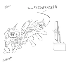 Size: 900x813 | Tagged: angry, artist:tsitra360, controller, derpibooru import, destruction, food, gamer luna, magic, monochrome, princess celestia, princess luna, prone, rage quit, royal sisters, safe, sketch, tea, teacup, telekinesis, television, yelling