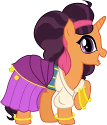 Size: 1001x1171 | Tagged: safe, artist:cloudyglow, derpibooru import, saffron masala, pony, unicorn, clothes, clothes swap, cosplay, costume, crossover, cute, disney, dress, esmeralda, female, hunchback of notre dame, looking at you, mare, open mouth, raised hoof, saffronbetes, simple background, smiling, solo, transparent background, vector