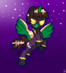 Size: 1069x1177 | Tagged: safe, artist:esradavut, derpibooru import, oc, oc:frost d. tart, unofficial characters only, alicorn, pony, alicorn oc, clothes, costume, flying, goggles, night, night sky, shadowbolts costume, solo