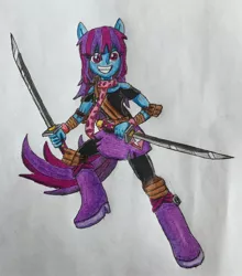 Size: 2356x2681 | Tagged: safe, artist:bozzerkazooers, derpibooru import, mystery mint, equestria girls, background human, boots, high heel boots, katana, ponied up, solo, sword, traditional art, weapon