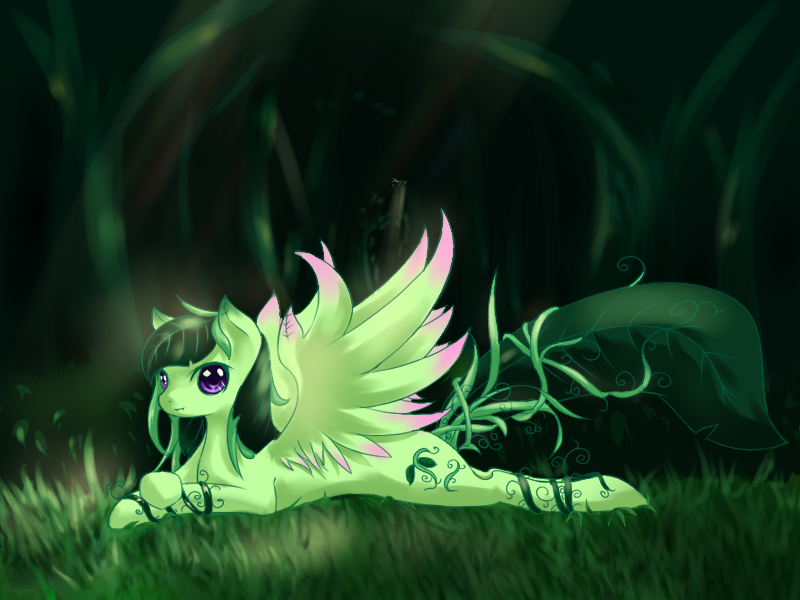 Size: 800x600 | Tagged: safe, artist:qiluo soul, derpibooru import, oc, unofficial characters only, pegasus, plant pony, pony, female, forest, leaf wings, mare, monster mare, pixiv, prone, solo