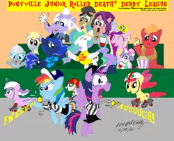 Size: 2360x1924 | Tagged: safe, artist:newportmuse, derpibooru import, apple bloom, big macintosh, derpy hooves, diamond tiara, filthy rich, pipsqueak, princess cadance, princess celestia, princess flurry heart, princess luna, rainbow dash, silver spoon, spoiled rich, twilight sparkle, twilight sparkle (alicorn), alicorn, pony, bipedal, blame my sister, blowing, blowing whistle, cheering, clothes, commission, cute, cutie mark, female, filly, flurrybetes, food, hat, male, popcorn, puffy cheeks, rainblow dash, rainbow dashs coaching whistle, referee, referee rainbow dash, roller derby, shirt, signature, sitting, skirt, spitting, spoilthy, the cmc's cutie marks, this will end in deafness, this will end in tears and/or death, this will end in tears and/or death and/or covered in tree sap, waving, whistle, whistle necklace, yelling, yellow words
