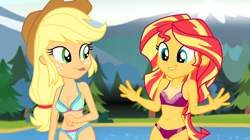 Size: 1920x1080 | Tagged: suggestive, derpibooru import, edit, edited screencap, editor:aisuroma, screencap, applejack, sunset shimmer, equestria girls, legend of everfree, appleshimmer, clothes, female, lesbian, licking, licking lips, lip bite, panties, shipping, tongue out, underwear, underwear edit