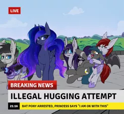 Size: 6819x6251 | Tagged: safe, artist:duop-qoub, derpibooru import, princess luna, oc, oc:speck, oc:vannie, bat pony, pony, :t, absurd resolution, armor, arrested, bat pony oc, bipedal, break your own news, breaking news, cloud, cuffs, ear fluff, fangs, fluffy, frown, glare, gritted teeth, guardsmare, hape, hug, lidded eyes, looking back, missing accessory, night guard, nose wrinkle, open mouth, raised eyebrow, raised hoof, raised leg, restrained, royal guard, scrunchy face, smiling, spread wings, unamused, wide eyes