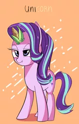 Size: 536x844 | Tagged: safe, anonymous artist, derpibooru import, starlight glimmer, pony, unicorn, :t, bad pun, corn, female, food, lidded eyes, mare, pun, simple background, smiling, smirk, solo, visual pun