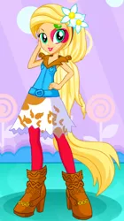 Size: 277x493 | Tagged: safe, artist:unicornsmile, derpibooru import, applejack, equestria girls, alternate hairstyle, alternative cutie mark placement, clothes, freckles, high heels, lipstick, looking at you, solo