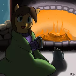 Size: 3000x3000 | Tagged: artist:pony quarantine, blanket, chocolate, clothes, derpibooru import, fireplace, food, hot chocolate, looking at you, mug, oc, oc:morning glory, rug, safe, sitting, solo, sweater, unofficial characters only, wafer