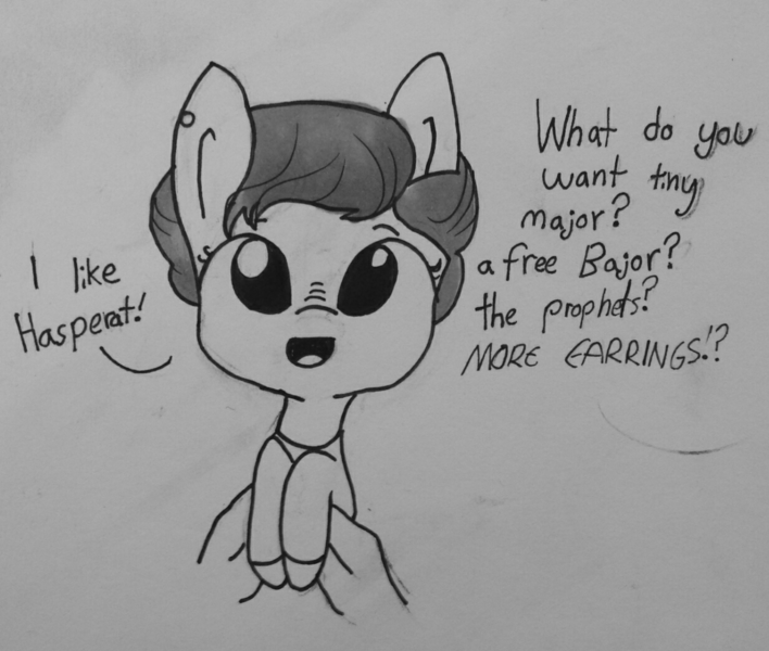 Size: 1235x1047 | Tagged: safe, artist:tjpones, derpibooru import, ponified, earth pony, pony, cute, deep space nine, grayscale, hand, holding a pony, kira nerys, looking at you, monochrome, non-mlp character, nose wrinkle, offscreen character, open mouth, smiling, solo focus, star trek, traditional art, what do you want