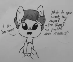 Size: 1235x1047 | Tagged: safe, artist:tjpones, derpibooru import, ponified, earth pony, pony, cute, deep space nine, grayscale, hand, holding a pony, kira nerys, looking at you, monochrome, non-mlp character, nose wrinkle, offscreen character, open mouth, smiling, solo focus, star trek, traditional art, what do you want