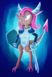 Size: 1378x2039 | Tagged: accessories, armor, artist:chiptunebrony, blue, blurry, claws, clothes, derpibooru import, dragon, fantasy class, gloves, glow, idw, knight, mane swap, mina, paladin, safe, shield, shiny, style emulation, sword, warrior, weapon