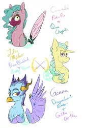 Size: 2000x3000 | Tagged: artist:farewelldecency, changepony, crack shipping, derpibooru import, dragriff, hybrid, interspecies, interspecies offspring, magical gay spawn, magical lesbian spawn, oc, oc:coccinella, oc:gemma, oc:lofty manor, offspring, parent:gilda, parent:pinkie pie, parent:prince blueblood, parent:princess ember, parent:queen chrysalis, parents:pinkiesalis, parents:zephyrblood, parent:zephyr breeze, safe, shipping, simple background, unofficial characters only, white background