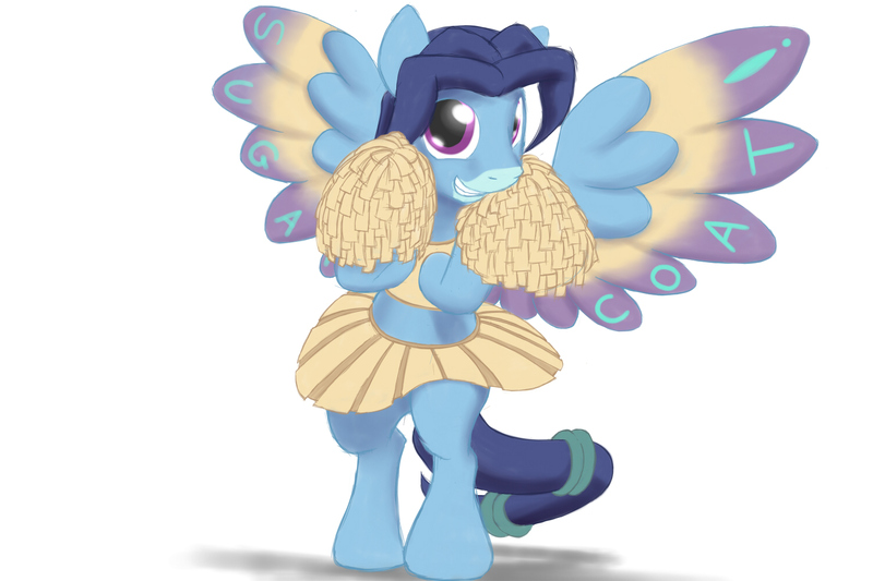 Size: 1500x1000 | Tagged: safe, artist:stillwaterspony, derpibooru import, oc, oc:still waters, unofficial characters only, pegasus, pony, cheerleader outfit, clothes, crossdressing, cute, dyed feathers, grin, male, midriff, pleated skirt, pom pom, simple background, skirt, skirt lift, smiling, solo, stallion, standing, white background