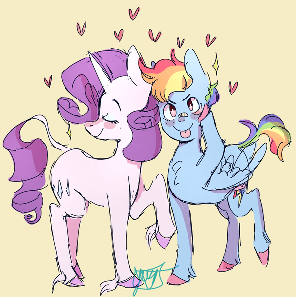 Size: 1277x1280 | Tagged: safe, artist:yerrgat, derpibooru import, rainbow dash, rarity, classical unicorn, pony, akanbe, bandaid, female, heart, leonine tail, lesbian, raridash, shipping, silly, silly face, silly pony, tongue out, unshorn fetlocks