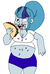 Size: 1118x1640 | Tagged: suggestive, artist:portalmasterdan64, derpibooru import, sonata dusk, equestria girls, belly, belly button, big belly, breasts, chubby, cleavage, eating, fat, female, food, midriff, obese, open mouth, ponytail, simple background, solo, solo female, sonatubby, taco, this will end in weight gain, transparent background