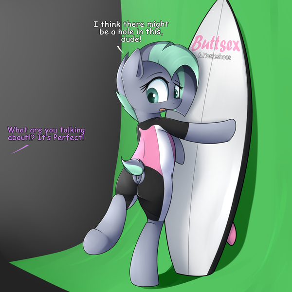 Size: 1280x1280 | Tagged: questionable, artist:neighday, derpibooru import, oc, oc:kahuna, unofficial characters only, earth pony, pony, anus, bipedal, bipedal leaning, clothes, crotchless, dialogue, female, green screen, leaning, looking back, nudity, ponut, short tail, simplistic anus, solo, solo female, surfboard, tail hole, wetsuit