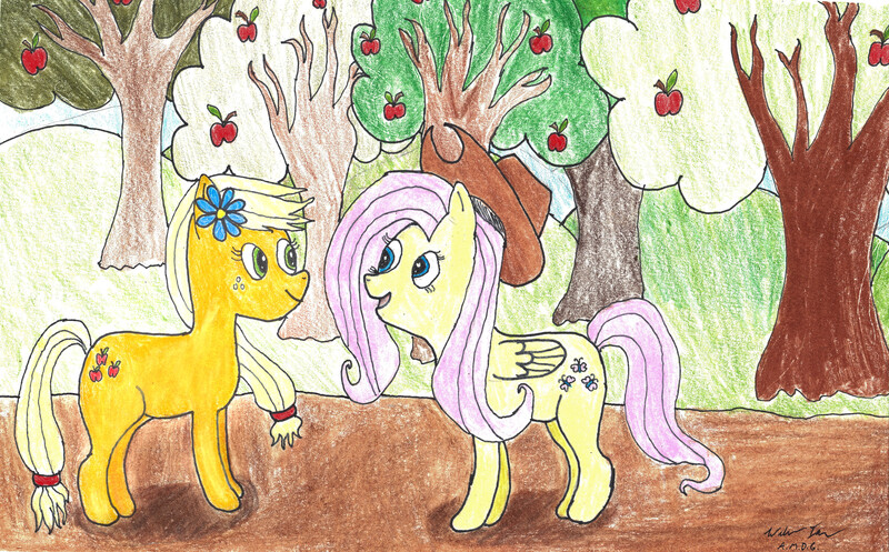 Size: 5637x3504 | Tagged: absurd resolution, accessory swap, applejack, appleshy, artist:willtngl, derpibooru import, female, flower, flower in hair, fluttershy, lesbian, safe, shipping