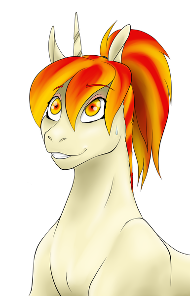 Size: 1303x2031 | Tagged: safe, artist:shybaldur, derpibooru import, oc, oc:inner fire, unofficial characters only, pony, unicorn, female, grin, nervous, nervous grin, ponytail, red eyes, redhead, simple background, smiling, solo, sweat, sweatdrop, white background
