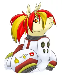 Size: 1158x1446 | Tagged: safe, artist:shybaldur, derpibooru import, oc, oc:inner fire, unofficial characters only, pony, unicorn, female, red eyes, redhead, simple background, solo, spacesuit, white background