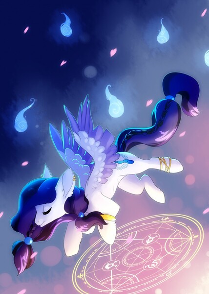 Size: 912x1280 | Tagged: safe, artist:elvche, derpibooru import, oc, unofficial characters only, pegasus, pony, commission, cutie mark, eyes closed, female, flying, long hair, long tail, magic, portal, solo, wings