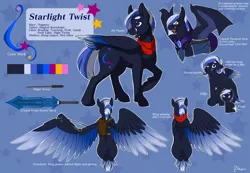 Size: 1100x763 | Tagged: safe, artist:blueberrysnow, derpibooru import, oc, oc:starlight twist, unofficial characters only, bat pony, pegasus, pony, adorable face, amputee, artificial wings, augmented, clothes, cute, cutie mark, female, filly, foal, mare, mechanical wing, missing limb, missing wing, prosthetic limb, prosthetic wing, prosthetics, reference sheet, scarf, scary face, stump, sword, weapon, wings