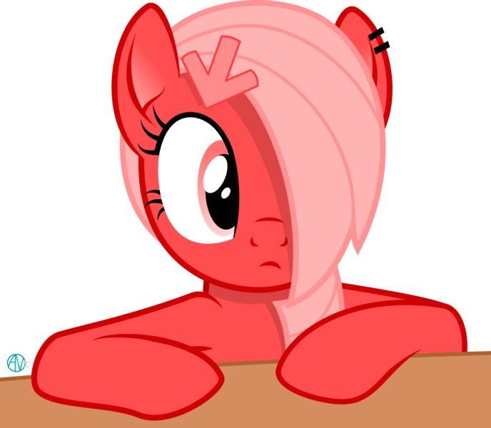 Size: 2617x2283 | Tagged: safe, artist:arifproject, derpibooru import, oc, oc:downvote, ponified, unofficial characters only, pony, derpibooru, derpibooru ponified, ear piercing, hair over one eye, meta, piercing, simple background, solo, table, transparent background, vector