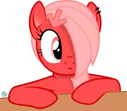 Size: 2617x2283 | Tagged: safe, artist:arifproject, derpibooru import, oc, oc:downvote, ponified, unofficial characters only, pony, derpibooru, derpibooru ponified, ear piercing, hair over one eye, meta, piercing, simple background, solo, table, transparent background, vector