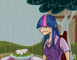 Size: 1476x1144 | Tagged: angry, artist:frankaraya, clothes, derpibooru import, food, human, humanized, plate, ponyville, rain, safe, sandwich, scene interpretation, signature, solo, the ticket master, tree, twilight sparkle, wet, wet hair, wet mane