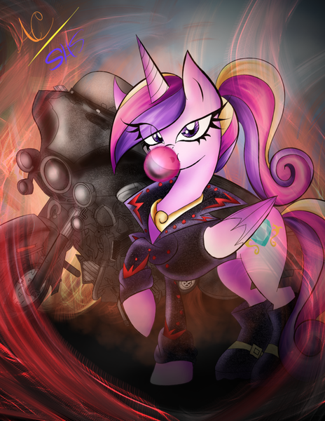 Size: 1024x1325 | Tagged: artist:animechristy, boots, bubblegum, clothes, derpibooru import, eyelashes, food, gum, jacket, jewelry, leather jacket, looking at you, motorcycle, peytral, ponytail, princess cadance, raised hoof, rebel, safe, signature, solo, younger