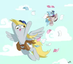 Size: 5100x4500 | Tagged: safe, artist:docwario, derpibooru import, derpy hooves, oc, oc:ernie the carrier pigeon, pegasus, pigeon, pony, absurd resolution, female, flying, hat, letter, mailbag, mailmare, mare, mouth hold, pet, pet oc, solo