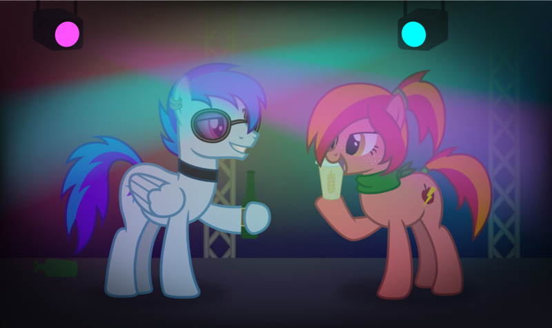 Size: 1970x1171 | Tagged: safe, artist:firefall-mlp, derpibooru import, oc, oc:apple brisk, oc:laser blaze, unofficial characters only, earth pony, pegasus, pony, female, hay smoothie, hoof hold, male, mare, rave, stallion, sunglasses