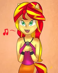 Size: 1024x1280 | Tagged: safe, artist:wolfy-pony, derpibooru import, sunset shimmer, equestria girls, rainbow rocks, clothes, microphone, music notes, open mouth, ponied up, singing, skirt, sleeveless, solo, welcome to the show