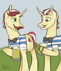 Size: 1024x1202 | Tagged: safe, artist:fairdahlia, derpibooru import, flam, flim, pony, unicorn, bowtie, cider, clothes, cutie mark, drinking, duo, flim flam brothers, hatless, hoof hold, hooves, horn, licking, licking lips, male, missing accessory, mug, open mouth, stallion, tankard, tongue out