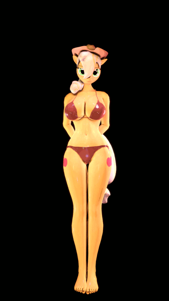 Size: 1080x1920 | Tagged: 3d, abs, amazon, amazonjack, animated, anthro, applebucking thighs, applejack, applejacked, arm behind back, artist:indigosfmworks, barefoot, big breasts, bikini, black background, breasts, busty applejack, cleavage, clothes, comparison, cowboy hat, curvy, derpibooru import, feet, female, gif, hat, hourglass figure, looking at you, muscles, pasties, plantigrade anthro, questionable, simple background, size difference, solo, solo female, source filmmaker, stetson, swimsuit, tape, wide hips
