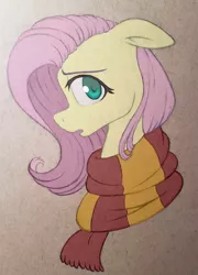 Size: 2602x3622 | Tagged: artist:waterferret, bust, clothes, crossover, derpibooru import, floppy ears, fluttershy, gryffindor, harry potter, looking at you, open mouth, part of a set, portrait, profile, safe, scarf, solo, traditional art