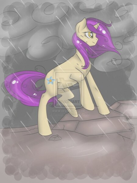 Size: 774x1032 | Tagged: source needed, safe, artist:rannarbananar, derpibooru import, oc, oc:shattered light, unofficial characters only, unicorn, female, mare, rain, solo, storm, watermark