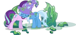 Size: 8000x3690 | Tagged: safe, artist:limedazzle, derpibooru import, starlight glimmer, trixie, pony, unicorn, to where and back again, absurd resolution, clothes, eyes closed, female, hug, inkscape, mare, simple background, transparent background, trixie's hat, vector