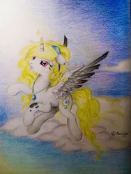 Size: 888x1184 | Tagged: alicorn, alicorn oc, artist:moonlight-ki, cloud, derpibooru import, female, mare, oc, oc:moonlight, safe, solo, traditional art, unofficial characters only