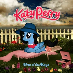 Size: 1000x1000 | Tagged: album, album cover, artist:aldobronyjdc, chair, cover, derpibooru import, fence, flower, hat, katy perry, katy pony, lawn chair, one of the boys, parody, ponified, ponified album cover, ponified celebrity, safe, sitting, solo