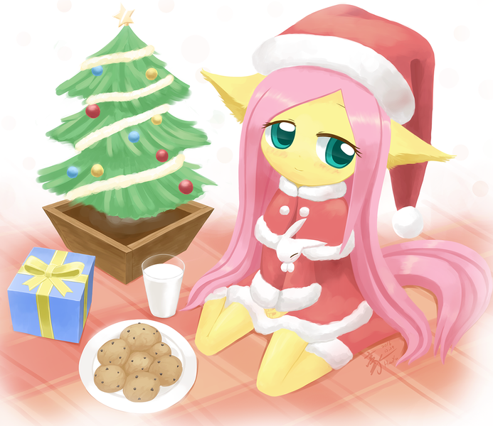 Size: 1385x1200 | Tagged: safe, artist:howxu, derpibooru import, fluttershy, anthro, christmas tree, cookie, cute, food, glass, hat, howxu is trying to murder us, plate, present, santa hat, shyabetes, signature, smiling, solo, tree, weapons-grade cute