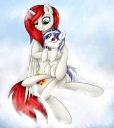 Size: 1600x1800 | Tagged: safe, derpibooru import, oc, oc:cori, oc:safey, unofficial characters only, alicorn, pony, alicorn oc, cloud, colt, cuddling, cute, female, looking at each other, male, mare, mother and son, snuggling