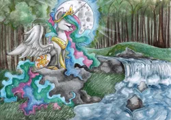 Size: 3421x2398 | Tagged: artist:lunar-white-wolf, derpibooru import, mare in the moon, moon, princess celestia, river, safe, scenery, sitting, solo, waterfall