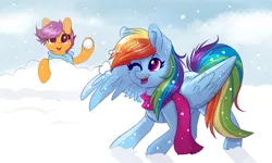 Size: 5338x3205 | Tagged: safe, artist:confetticakez, derpibooru import, rainbow dash, scootaloo, absurd resolution, clothes, cute, cutealoo, dashabetes, duo, one eye closed, open mouth, playing, scarf, scootalove, smiling, snow, snowball, snowball fight, snowfall, winter